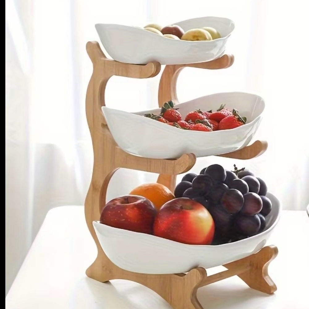 Three-Tier Wooden Fruit Stand with White Melamine Bowls